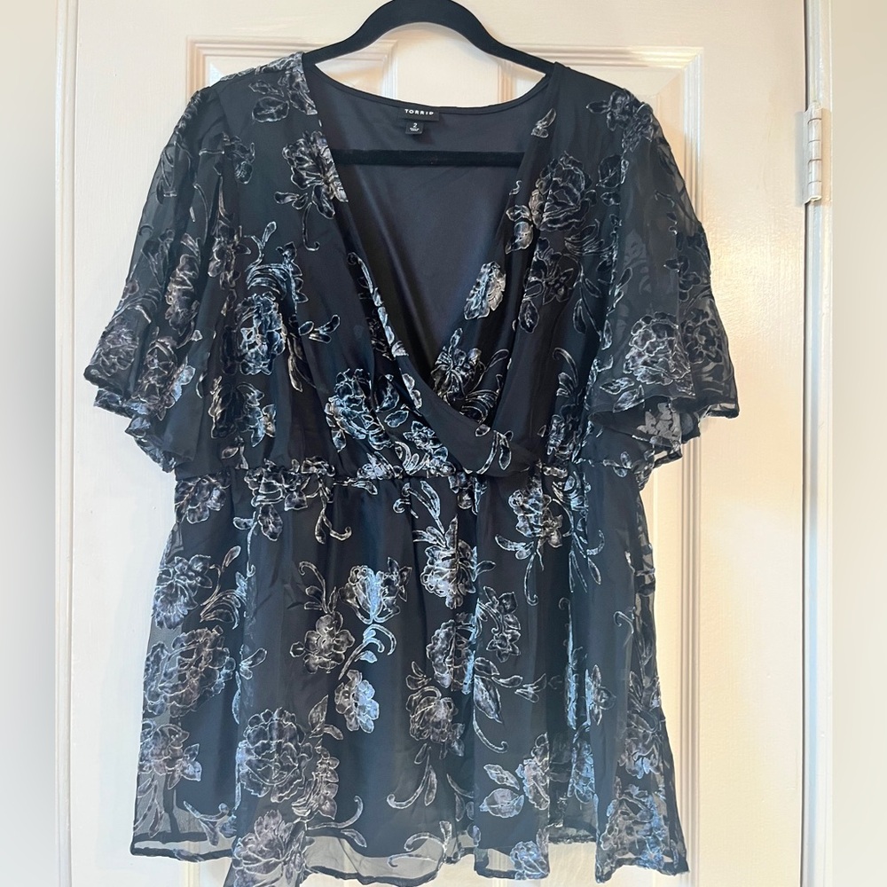 Torrid Black Blouse with Blue Floral Pattern